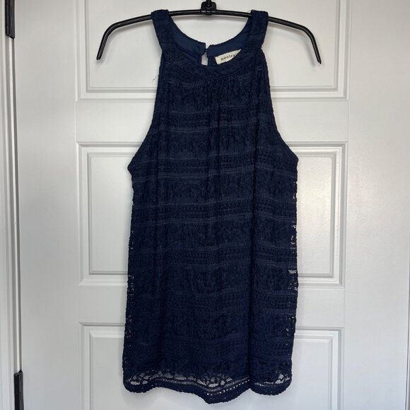 Monteau Lace Blouse Women's Size Large Sleeveless Layered Navy Blue Professional - Picture 2 of 10